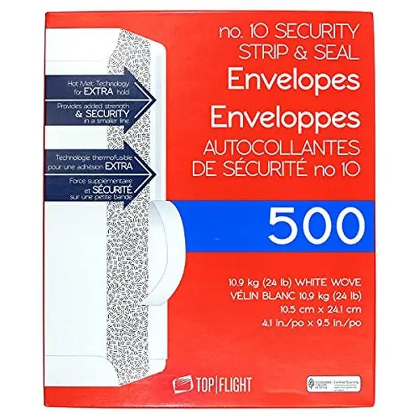 Top Flight PSTF10NWT #10 Envelopes, Strip & Seal, Security Tinted, White Paper, 24 lb, 500 Count Top Flight PSTF10NWT #10 Envelopes, Strip & Seal, Security Tinted, White Paper, 24 lb, 500 Count