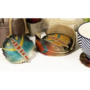 Rustic Western Indian Turquoise Eagle Feather Coaster Holder W/ 4 Round Coasters