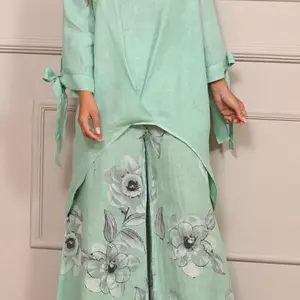 Linen Set - Mint Green Floral Print Long Sleeve Top & Skirt Ensemble for Women