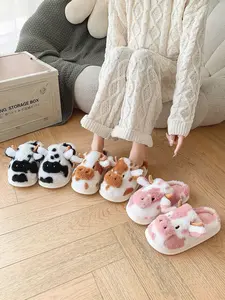 Pallene Cow Milk Fuzzy Slippers for Women Winter Cartoon Fur Slippers Soft Cozy Plush House Shoes Female Bedroom Cute Furry Slides