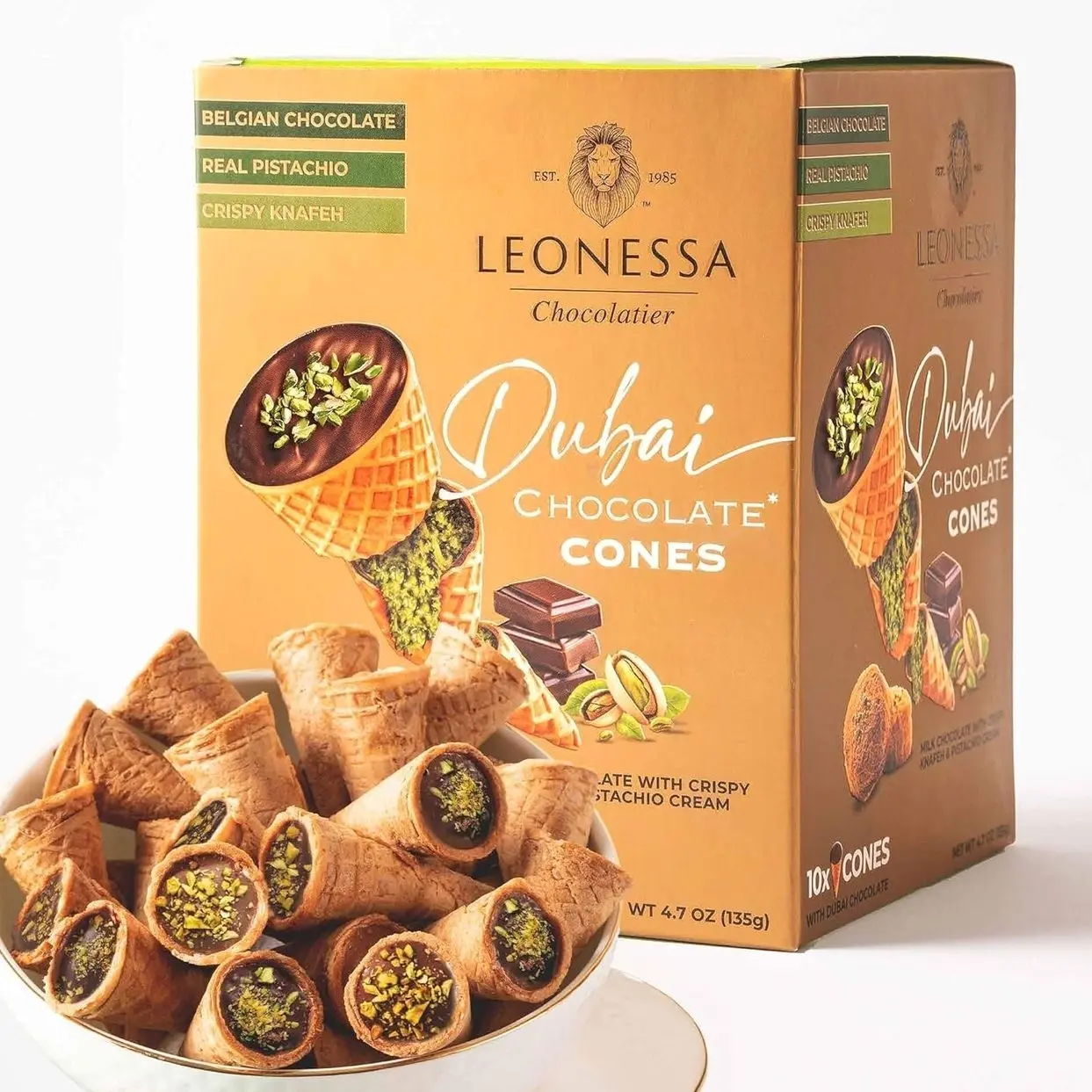 Leonessa Dubai Chocolate Cones with Pistachio Kunafa | Made with Premium Belgian Chocolates | Kunafa Chocolate | Chocolates de Dubai - 4.7 oz