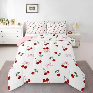 Cute Bows Cherry Bedding Set Kids Watercolor Bow Comforter Set for Boys Girls Teens Summer Fruit Duvet Quilt Breathable Soft Lightweight Microfiber Bowknot Room Decor
