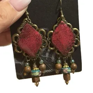 Fuschia Reclaimed Tin Earrings with Beaded Dangles and Intricate Design