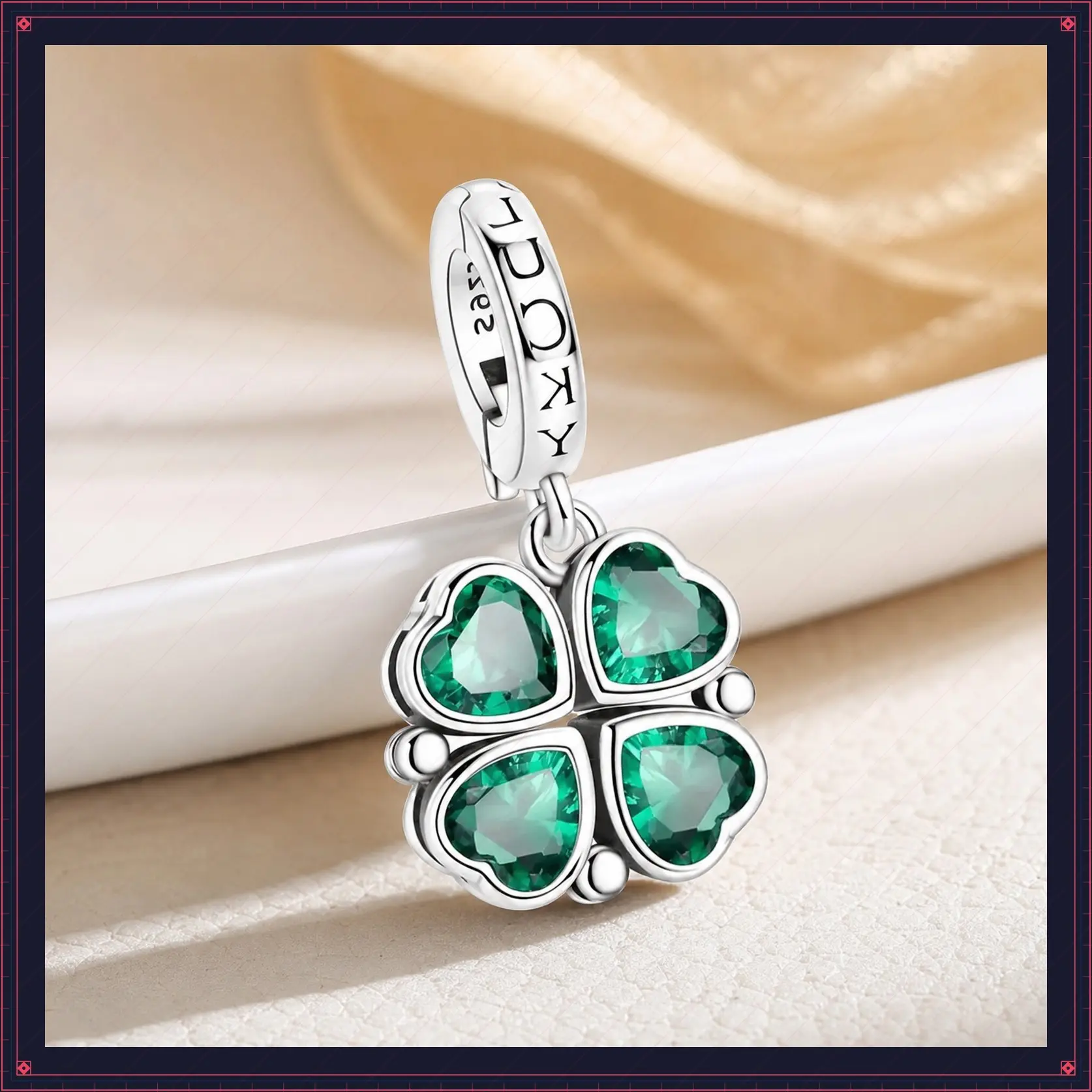 MULA Women's 4-Leaf Clover Charm, Silver-Plated with Green Heart Stones, Engraved 'LUCKY' Good Luck Pendant for St. Patrick's Day Celebrations, Thoughtful Birthday Gift, Emerald Green Cubic Zirconia, Jewelry For Women
