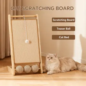 3-in-1 Wooden Cat Scratching Board with Teaser Toy Ball, Reversible Cat Scratcher Lounge Bed for Indoor Cats