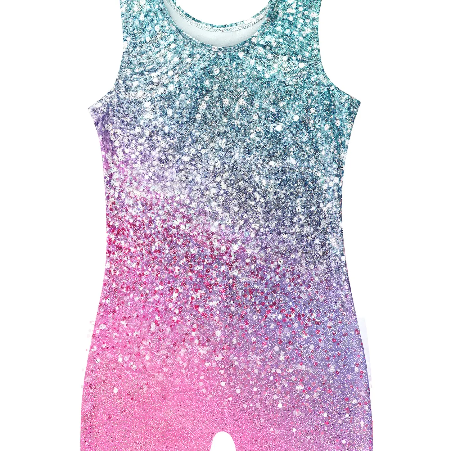 Girls' Sparkly Gymnastics Biketard, Sleeveless Unitard Bodysuit with Shiny Ombre Pattern for Dance & Tumbling, High Front Neck, Shiny Fabric, Sparkly Look