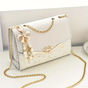 [Lightweight Portable] Bohemian Beige PU Crossbody Bag - Lightweight, Portable Flap Shoulder Bag with Tassel Charm and Metal Chain Strap - Ideal for Women, Shopping, Office, College, Travel