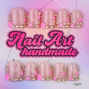 Square Short Y2K Press-On Nails, Square Fake Nails, 10pc Set, Minimalist style, handmade nails, 4 sizes (XS/S/M/L), features gold rhinestones & rose red flowers, ideal for family dinners, dates & parties, best gift for her, includes jelly glue