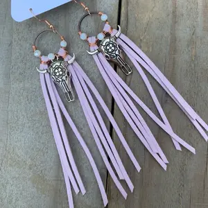 Fierce Fringe Couture Hypoallergenic Fringe Bullhead Earrings with Turquoise Beads and Leather Tassels