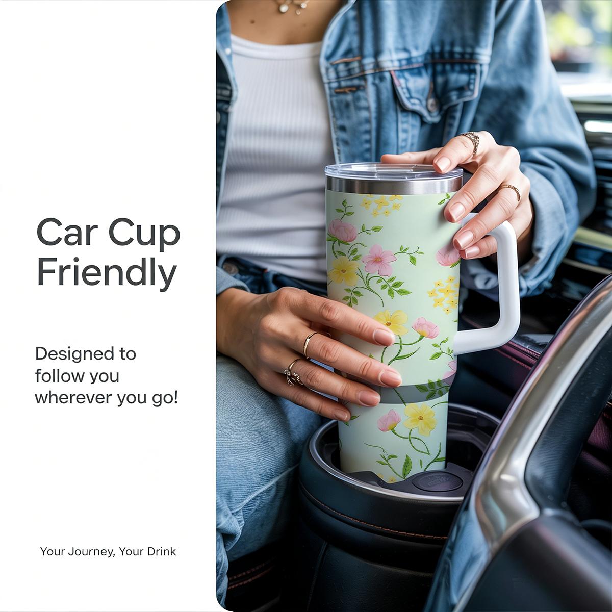 Floral Bloom 30 oz Travel Mug, Sunkissed Yellow & Pink Wildflower Print on Pastel Green, Ambidextrous Lid with Handle, Triple-Wall Insulated Iced Coffee Cup for Summer Road Trips special edition