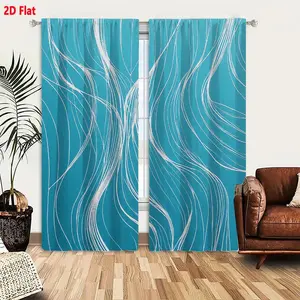 2D Flat Teal Turquoise Background with White Wavy Lines Abstract Flow 2-Piece Curtain Set, Dynamic Organic Pattern Window Curtains for Living Room Bedroom, Light Filtering Decorative Drapes