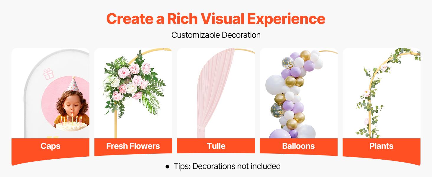 VEVOR Arch Backdrop Stand, Set of 3, 8/7.2/6.6 ft, Stable Structure, Easy Assembly, Gold Metal Arch Backdrop Stand for Wedding, Birthday Party, Graduation, Holiday Celebration, and Ceremony Decoration