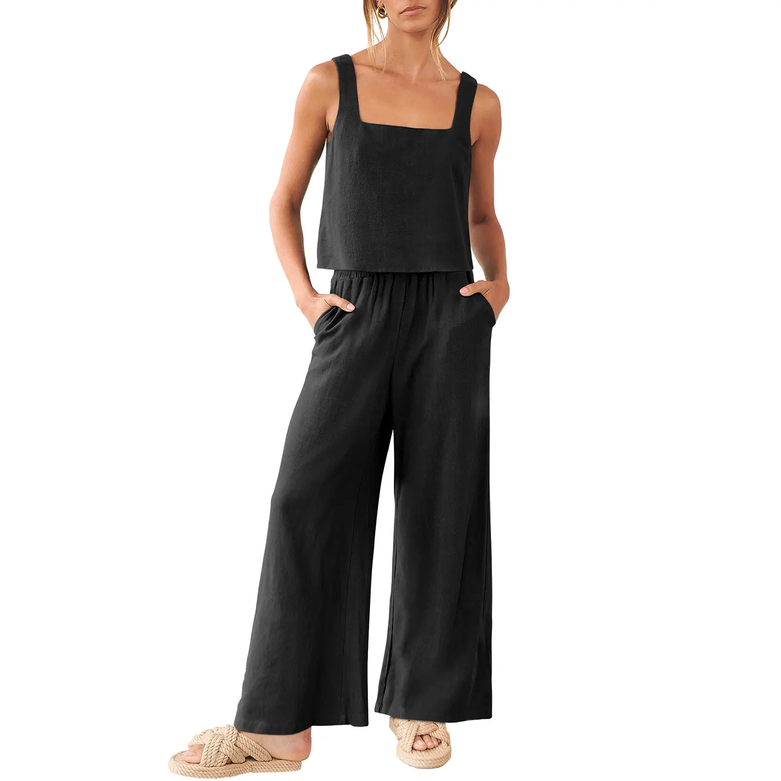 ANRABESS Women's 2 Piece Outfits Square Neck Linen Sleeveless Tank Crop Top Wide Leg Pants Matching Lounge Set Summer Tracksuit Casual Womenswear