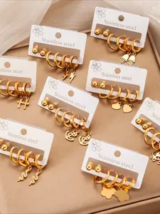 European Style Multi-Style Stainless Steel Earrings Set Butterfly Heart Flower Music Note Hoops Earrings Titanium Steel Hypoallergenic Never Fade Fashion Ear Jewelry