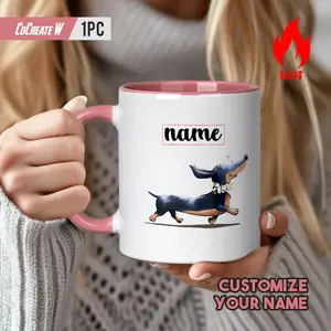 2026  1 Personalized Dachshund Mug with Name-Custom Text and Cute Dachshund Design, Pink Edge/White Body Coffee Mug, Dishwasher Wash Gifts, Ideal Christmas Gift for Dachshund Lovers