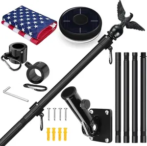 5FT Black Flag Pole Kit for Outside House with  Flag & Solar Light,1" Thickened Stainless Steel Wall Mount Flagpole with 180Adjustable Bracket for Residential Outdoor Porch