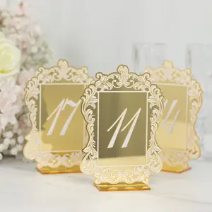 Wedding Table Numbers 11-20 – Gold Mirror Arch Acrylic with Baroque Lace Border, White Print & Stands for Elegant Receptions - 5"x7"