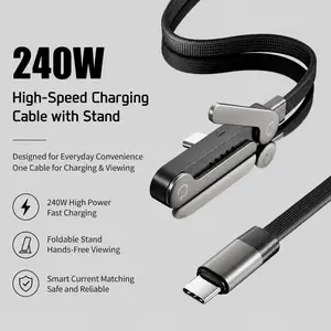 Quriov 240W Fast Charging Cable with Adjustable Foldable Phone Stand, Braided Charger Cord for Phone, Tablet, Laptop, Gaming & Watching