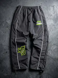 Men's Gym Letter Print Athleisure Pants with Lines, Spring Autumn Quick Dry Breathable Trousers, Drawstring Elastic Waist Sporty Sweatpants with Adjustable Cuffs and 2 Side Pockets