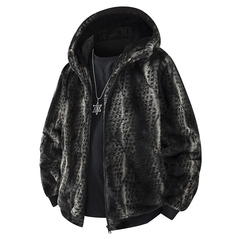 Leopard Print Faux Fur Hooded Zip Jacket Unisex Oversized Fuzzy Plush Coat Full Zip Front Warm Winter Gothic Y2K Grunge Streetwear Casual Outerwear