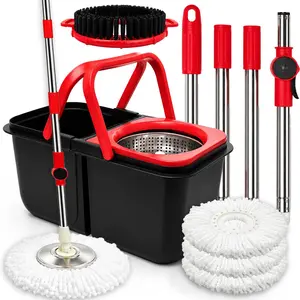 61' Spin Mop Bucket Set with Wringer - Collapsible Space-Saving Dual-Chamber System, Adjustable Stainless Steel Telescopic Handle, Built-in Drain Plug, Brush & 3 Reusable Microfiber Mop Heads for Hardwood, Tile Floors