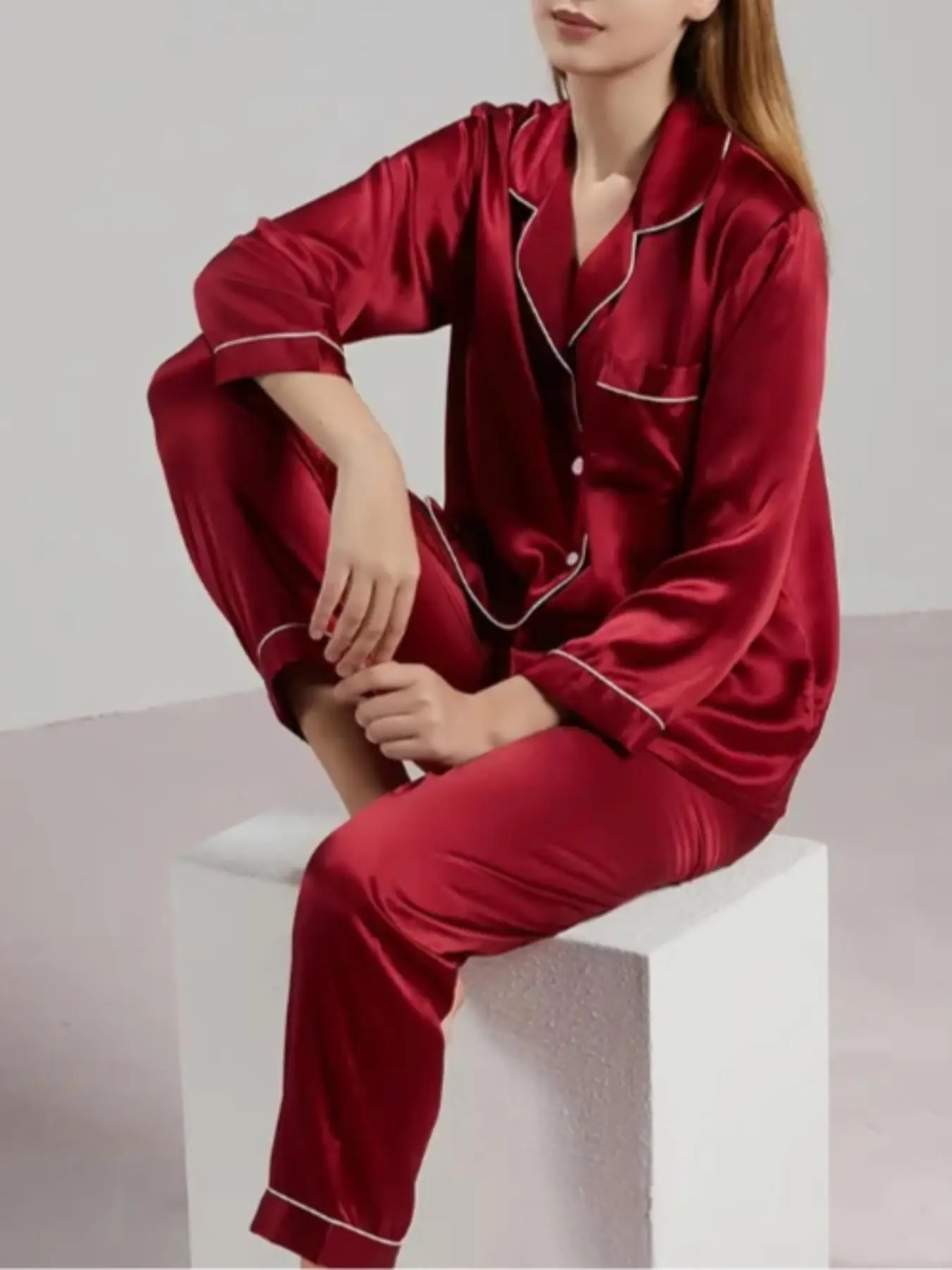 Women Basic Satin Pajamas Set, Home Pj Set, Casual Style Lapel Collar Pocket Long Sleeve Pj Top & Trousers Pajama Set, Valentine's Day Gift, Summer We