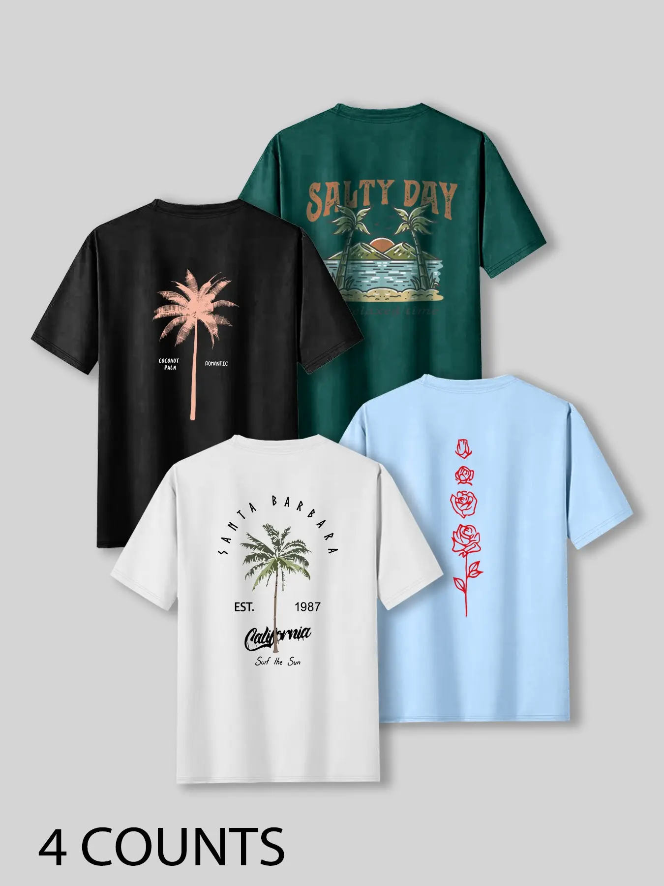 Black, white, light blue, dark green