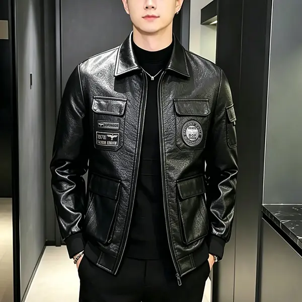 Men's Black Lapel Flight Jacket - PU Fabric, Multi-Pocket, Eagle Emblem Embroidery, Retro Military Coat, Stylish Long Sleeves, Badge, Ribbed Hem, Smooth Classic Soft Plain, Zipper, for Autumn-Winter Streetwear Workwear Casual Menswear Tops, Coats, Persona