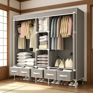 Portable Closet Wardrobe for Hanging Clothes with 2 Hanging Rods， 5 Storage Organizer Shelves and 5 Drawer ,Sturdy Large Wardrobe Closet for Bedroom Free Standing Clothes Rack with Cover,Grey