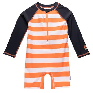 Gerber Toddler Boys' Striped One-Piece Swimwear Rashguard - Orange, UPF 50+, Machine Washable