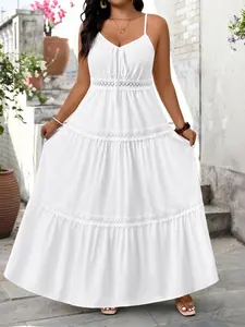 Plus Size Lace Overlay Layered Maxi Dress, V Neck Sleeveless Party Gown, Ideal for Vacation, Beach Date, Lawn Party