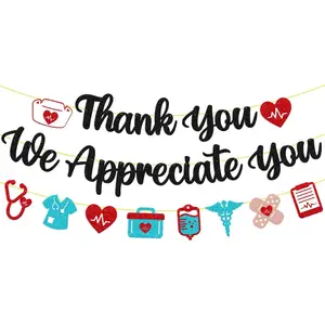 Nurses Week Decoration Thank You We Appreciate You Banner Happy Nurse Week Decor Nurses Appreciation Backdrop for CNAs Doctor Nursing RN Event Celebration Black Glitter Supplies