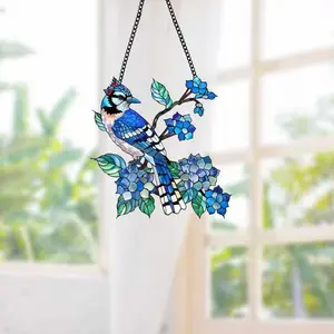 Blue Jay Window hangings, Acrylic Blue Jay with peony flowers window hangings, Nature lover home decor, Housewarming gift, Bird Ornaments