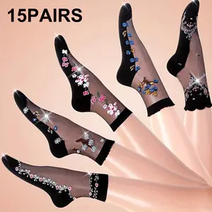 5/10/15 Pairs Floral Pattern Socks, Thin & Breathable Mesh Socks, Women's Stockings & Hosiery
