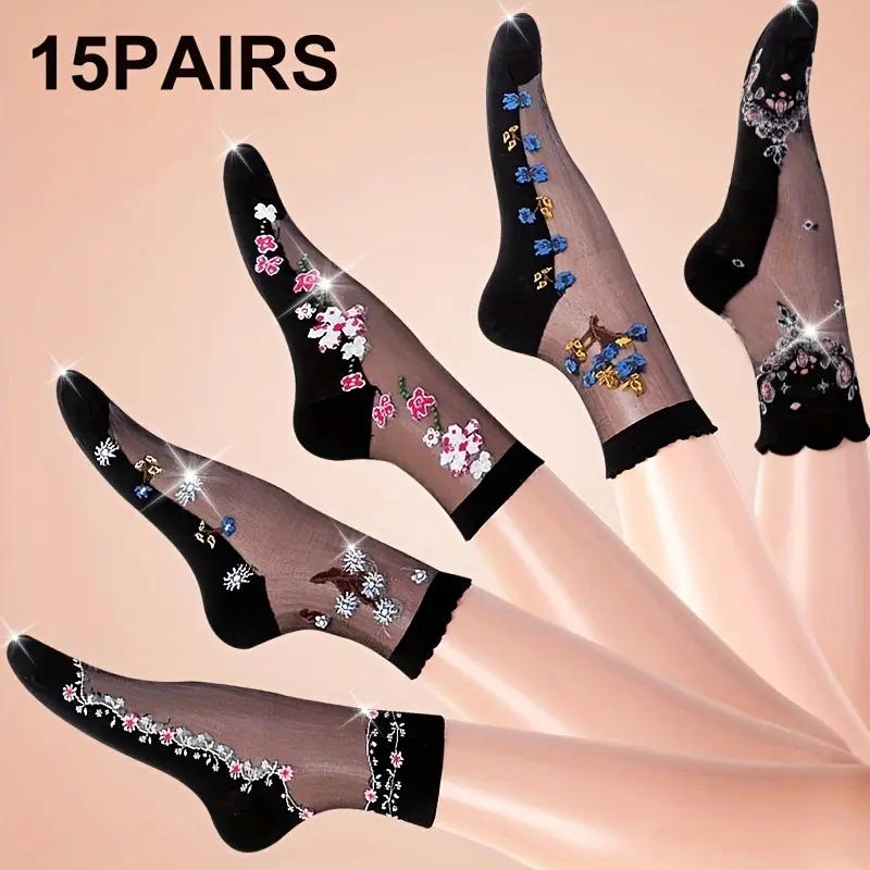 Women's Fashion Floral Thin Mesh Breathable Comfy Mid-Calf Crystal Stockings & Hosiery - 5 Pairs, All Seasons Casual, 5-10-15 Multiple Packs, 5 Pairs Of Mid-Calf Crystal Stockings For Women