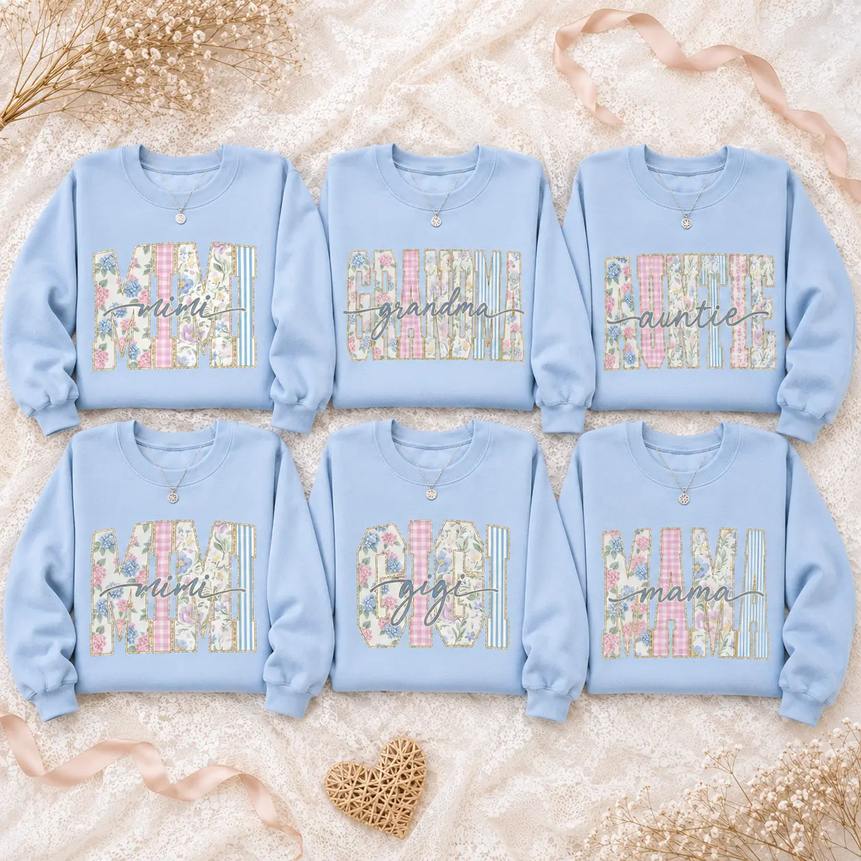 Custom Mimi Grandma Auntie Gigi Mama Sweatshirt, Floral Patchwork Family Crewneck, Personalized Mom Gift for Women, Coquette Light Blue Shirt, Mother's Day Grandma Gift, Cute Spring Top -DPCLICK