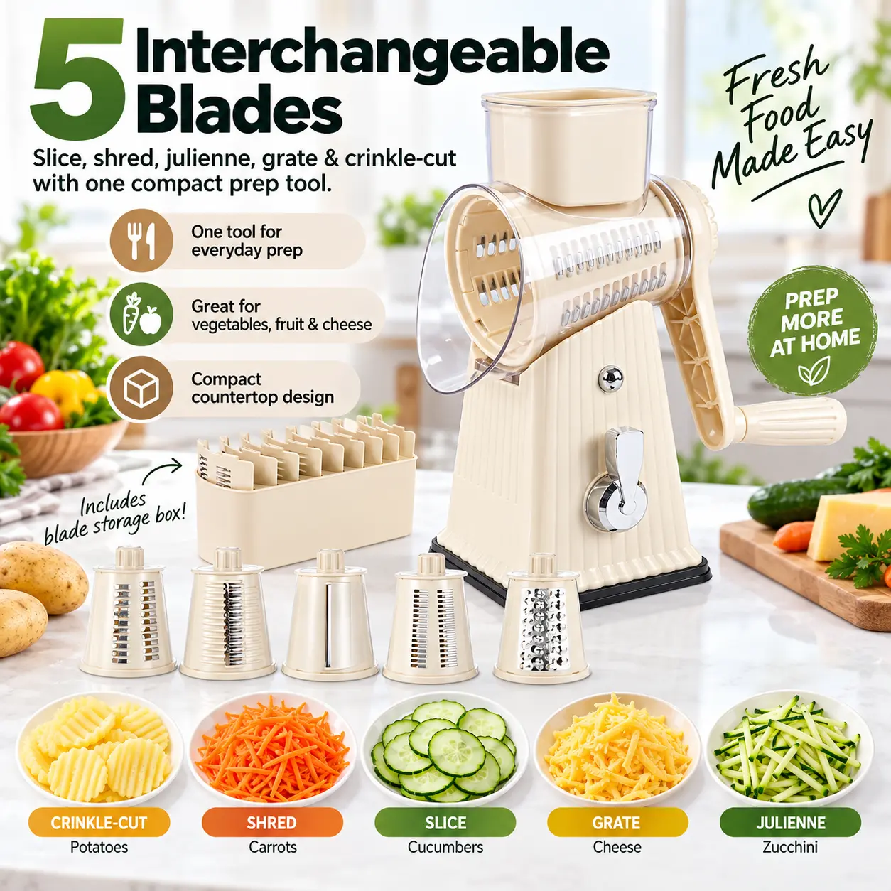 Sturdy Plastic 5-in-1 Manual Rotary Vegetable Slicer Set - 5 Blade Styles, Smooth Hand Crank Grater, Transparent Food Shredder, Strong Suction Base, Easy-Clean Kitchen Utensil for Potato, Carrot, Salad Prep