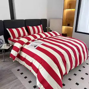 3pcs Red white Striped Print Bedding Set, Includes 1 duvet cover and 2 Pillowcases, Zipper Design, Soft Fabric, All Seasons