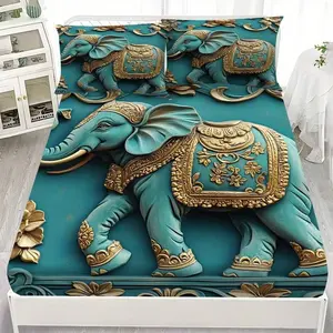 Wild Elephant Theme Bedding Set, Elegant Lapis Lazuli and Sheet Cover, Luxury Decorative Bedding Set, 1 Fitted Sheet + 2 Pillowcases