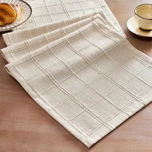 Checked, 13x72 Inches Beige, Textured Woven Farmhouse Table 72 Inches Long, Dresser Scarf for Dining