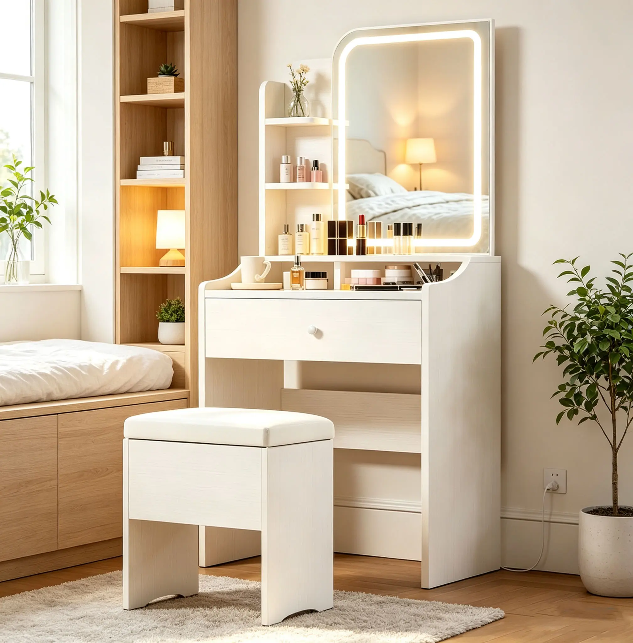 Stylish vanity  includes lighted mirror white dressing  with stool and storage drawers; suitable for teens and adults home dressing rooms/ table makeup bedroom inspo built-in outlet light gothic furniture indoor sturdy foldable side shelf