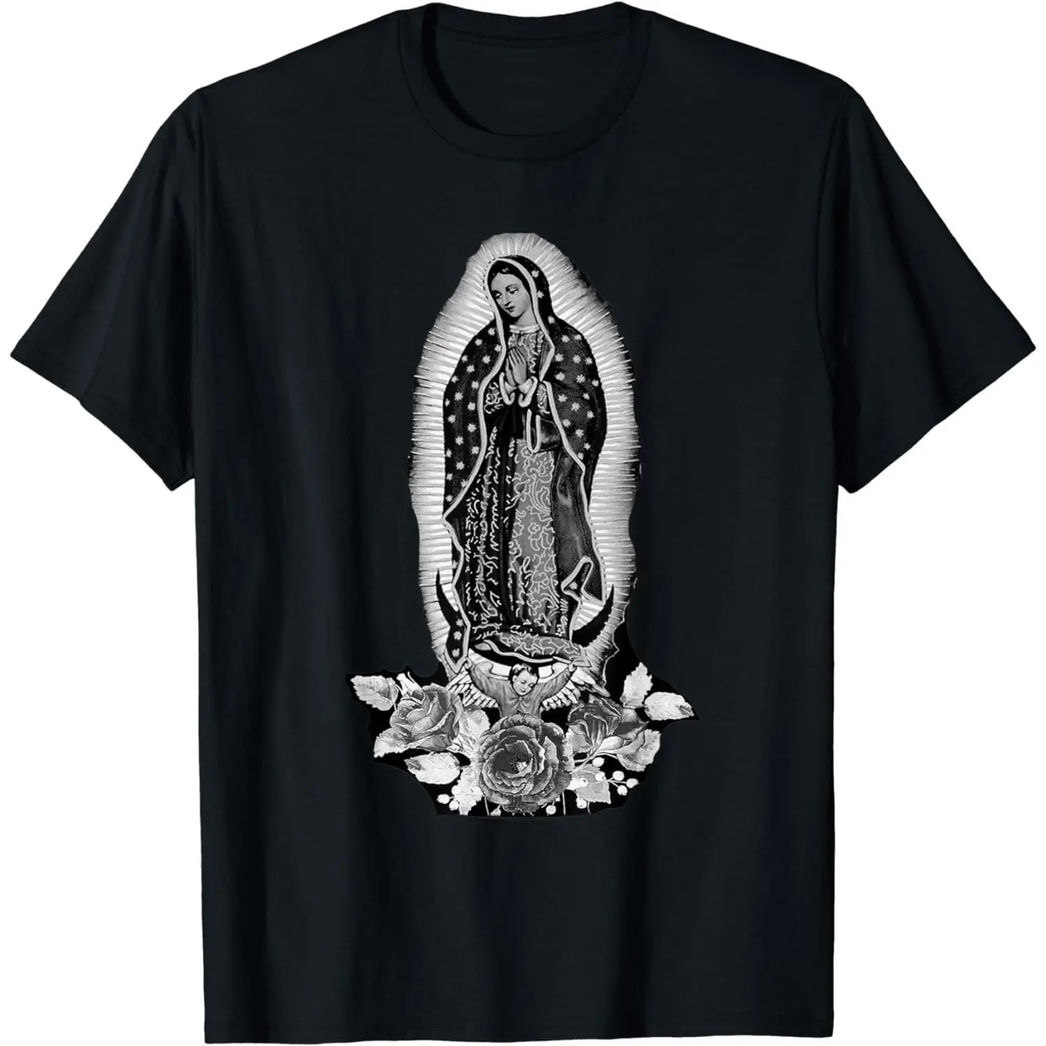 [100% Cotton] [100% Cotton] Classic Black T-Shirt Featuring Our Lady Of Guadalupe Design With Roses And Stars. T-Shirt For Men And Women