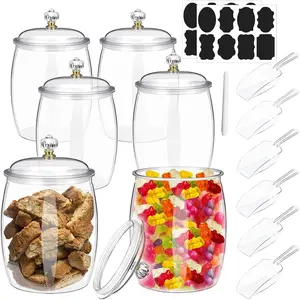 6 Pcs 64 oz Clear Airtight Plastic Candy & Cookie Jars with Lids 6 Spoons Decorative Apothecary Food Storage Canisters for Candy Buffet Home Decoration Supplies