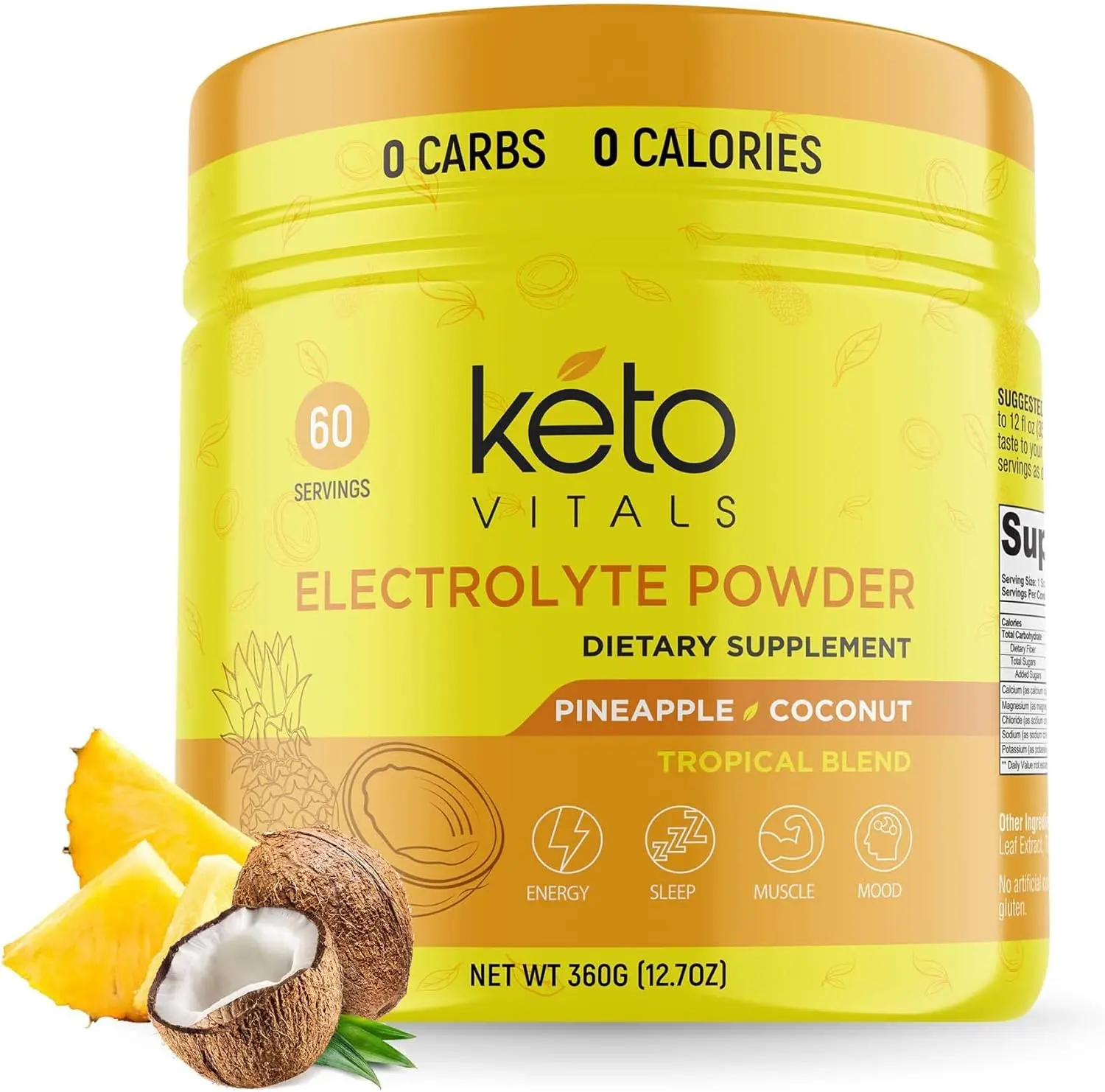 Keto Vitals Electrolytes Powder-Sugar Free Keto Electrolytes Powder with Potassium, Magnesium, Sodium, & Calcium - 60 Servings, Pineapple Coconut Supplement