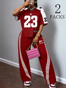 Ideal for World Cup game days, streetwear, Casual, and Womenswear Clothes! Oversized breathable jersey with bold "23" print + soft wide-leg track pants with stripes. Available in black, red, navy, purple, white.