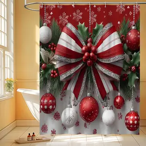 1pc Festive Christmas Shower Curtain - Red & White Bow Snowflake Design Polyester Fabric 66x72 Inch Washable with  Hooks Holiday Bathroom Decor Christmas Decorations