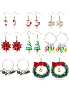 8-16 Pairs Christmas Earrings Set for Women Christmas Stud Earrings Snowman Santa Bells Wreath Xmas Tree Snowflake Xmas Earrings Drop Dangle Earrings Christmas Jewelry