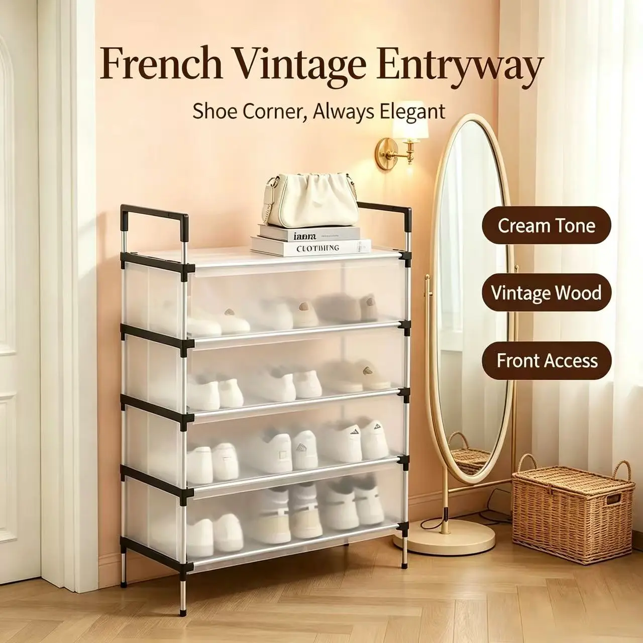 5-Tier Clear Dustproof Shoe Rack, Transparent Visible Shoe Organizer with Handle, Space-Saving Multi-Layer Storage Shelf for Entryway, Bedroom