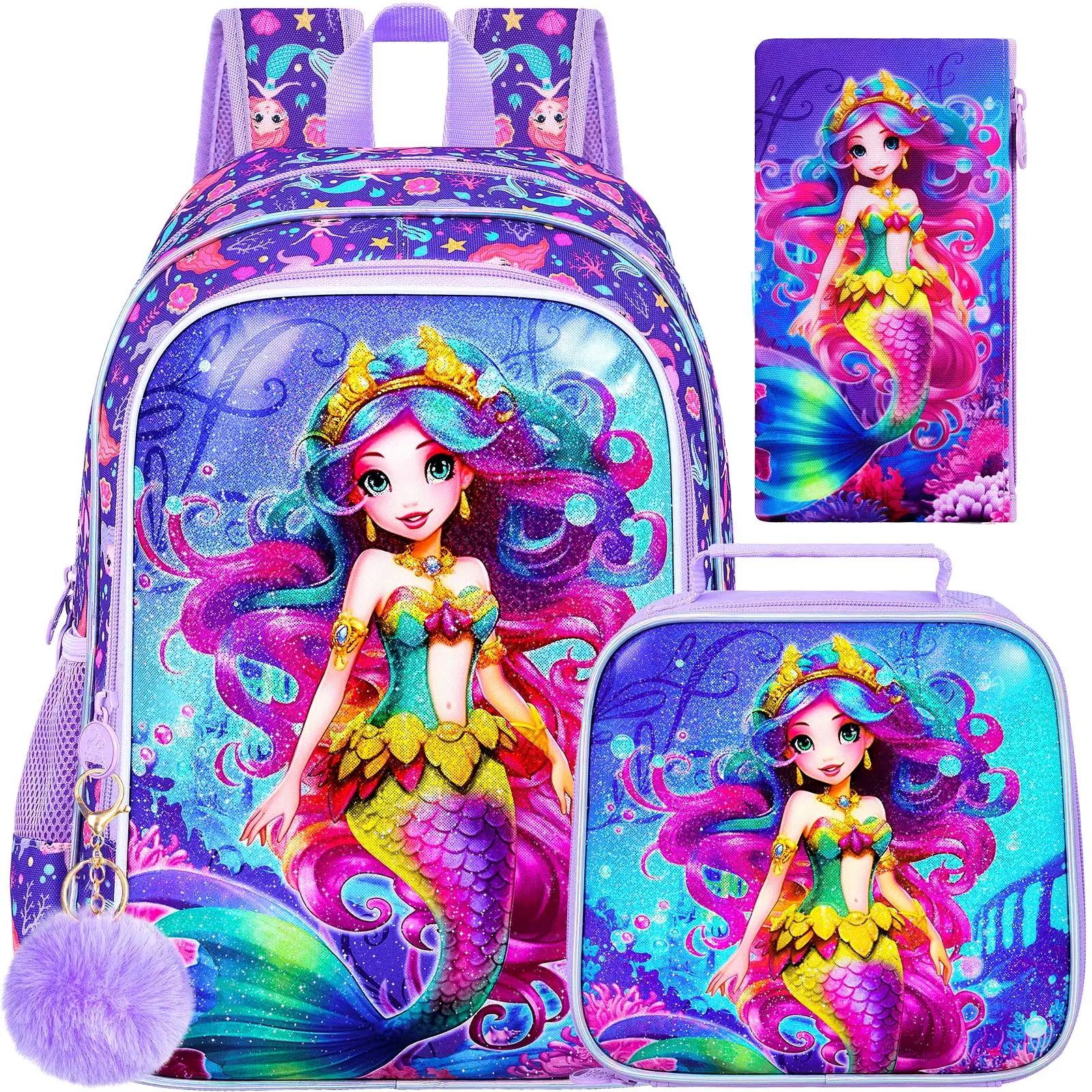 3PCS Mermaid Backpack for Girls, 16" Kids Preschool Bookbag with Lunch Box, Cute Water Resistant School Bag Set for Elementary Kindergarten Toddler