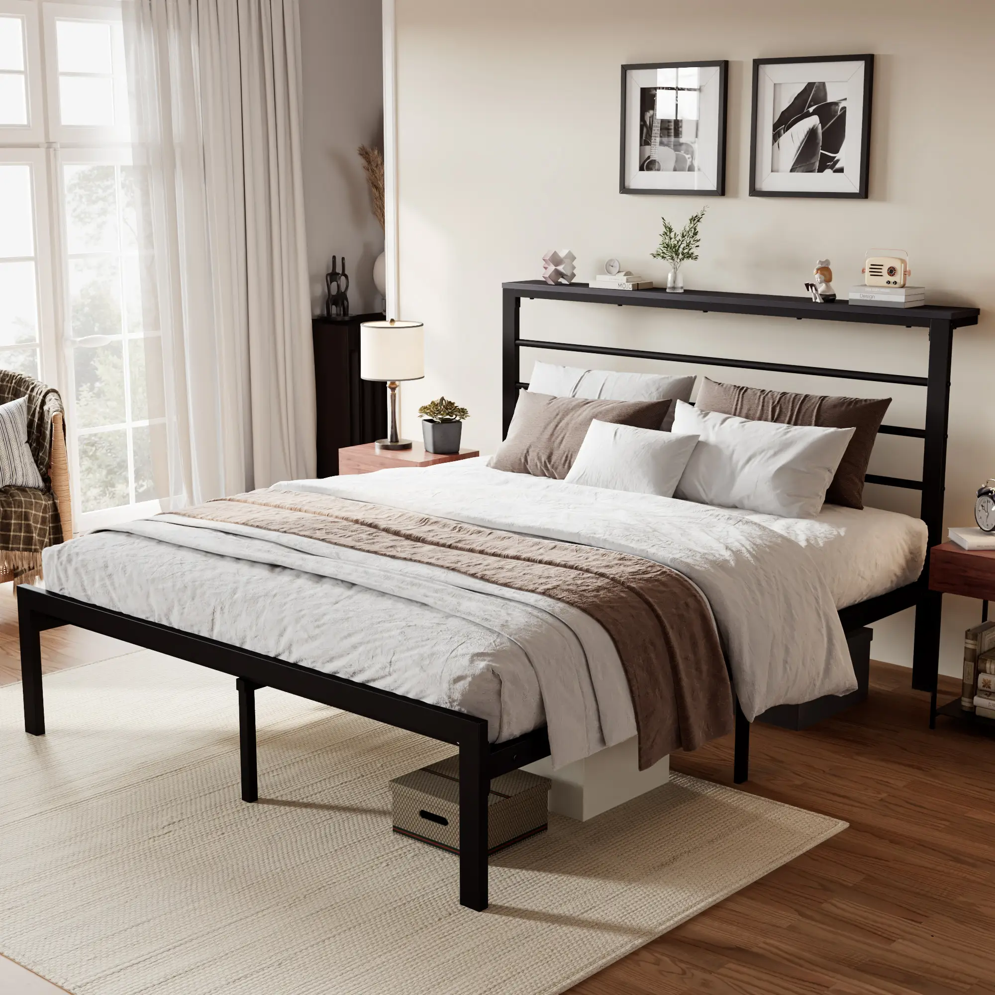 SHA CERLIN Bed Frame with Headboard Shelf,【Frame Only No Mattress】 Heavy Duty Platform Bed Frame with Strong Metal Foundation, No Box Spring Needed#Ti